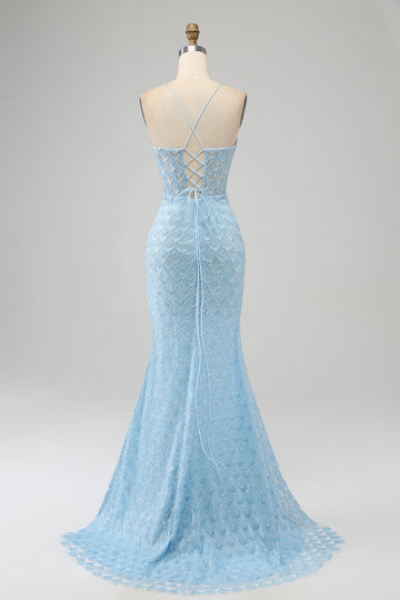 Vestido de fiesta de sirena con tirantes de espagueti azul cielo con purpurina y abertura